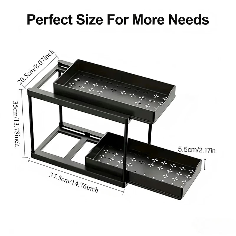 2-Tier Sliding Pull Out Kitchen Storage Rack PP Drawer Organizer for Under Sink Cabinet Bathroom Countertop Space Saving Basket