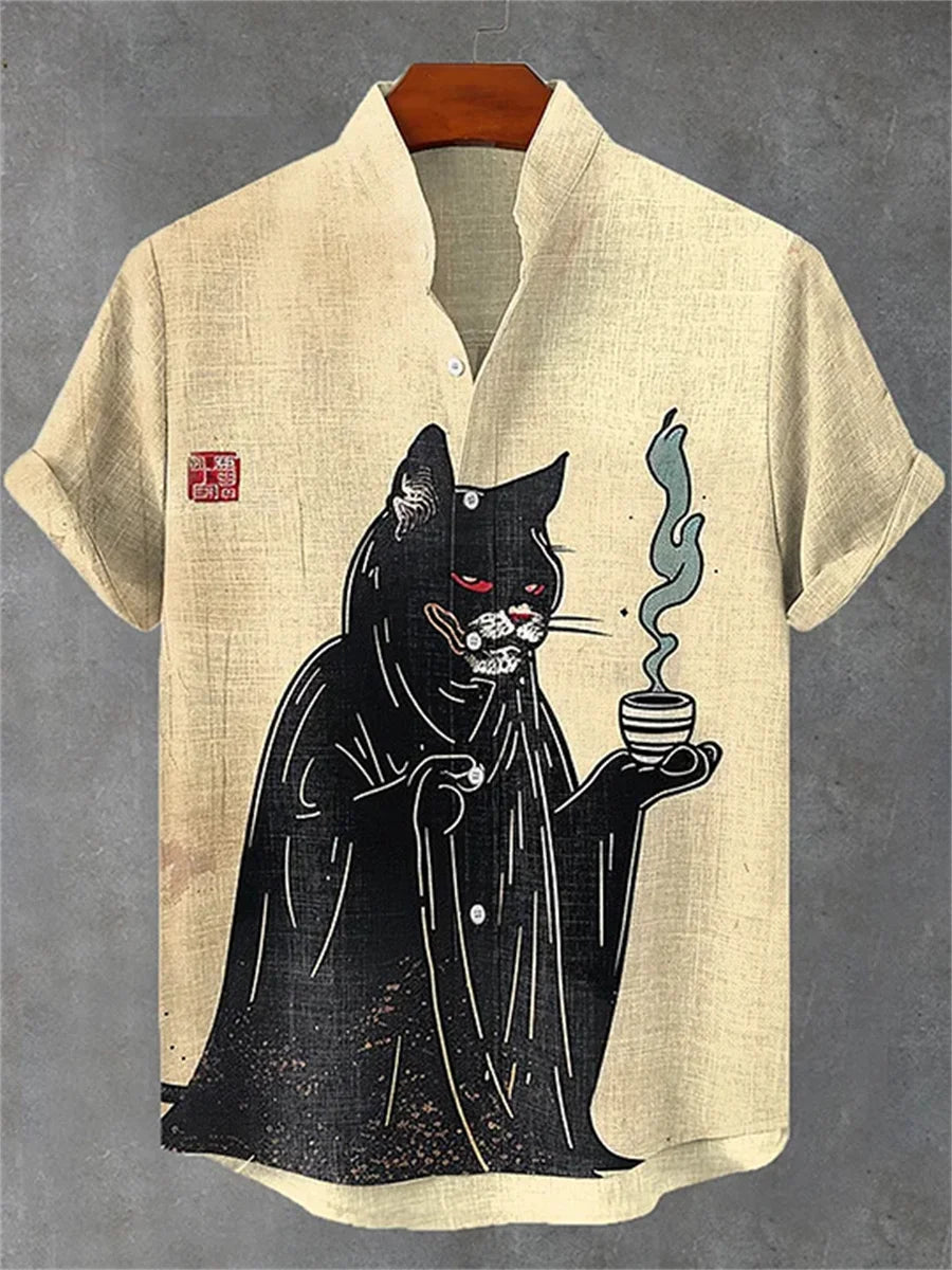 Men's short-sleeved shirt with a fun cat print, stand-up collar, single-breasted casual style. Hawaiian shirt, men's unique top.