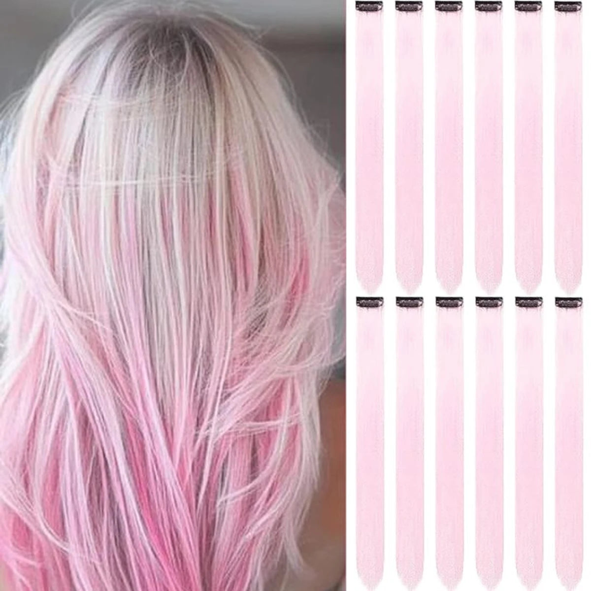 6/12 PCS Hair Extensions Clip, 22in Colored Hair Extensions Party Highlights Long Straight Synthetic Hairpieces for Girls Cospla