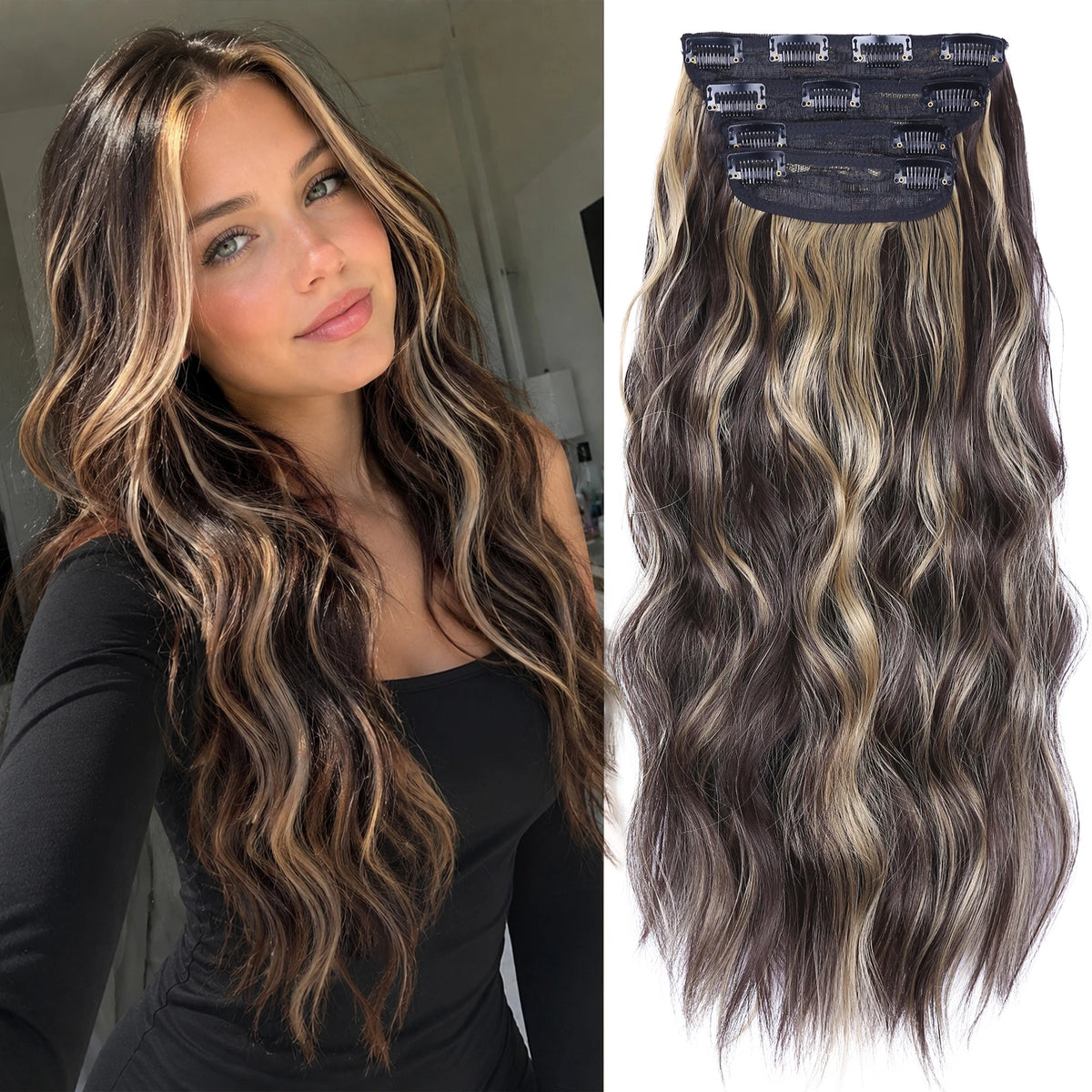 4Pcs/Set 20Inch Synthetic Hair Clip In Long Wavy Thick Hairpieces For Women Full Head Synthetic Hair Extensions Ombre Hairpieces