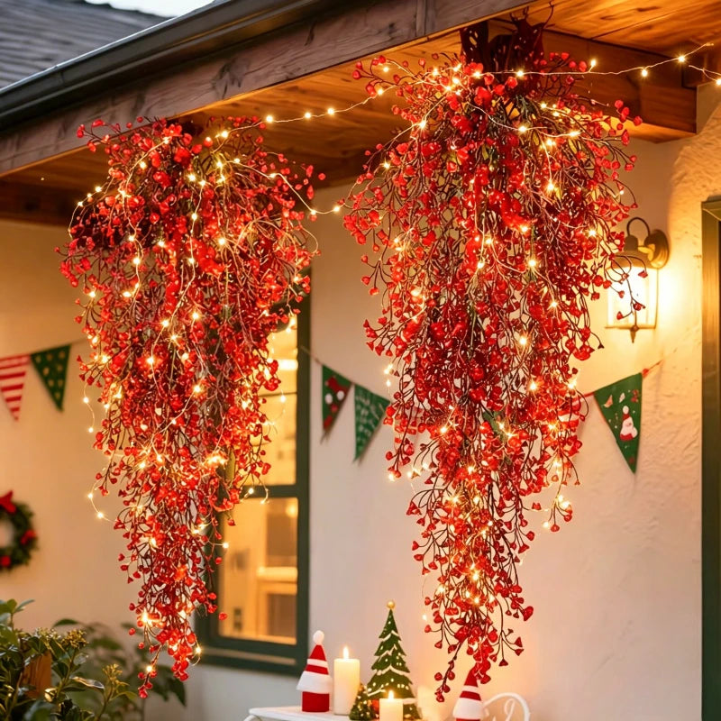 2Set Led Artificial Hanging Plants Garland Red Ferns Fake Ivy Plant with Light for Christmas Home Wedding Party Garden Decor