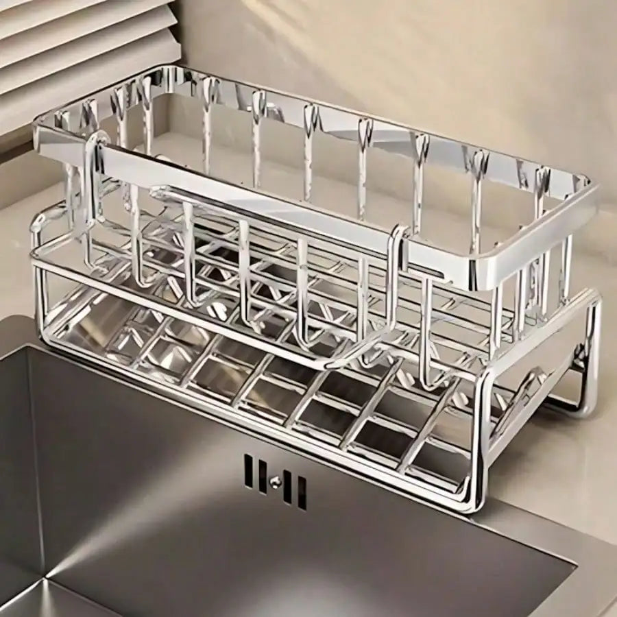 Stainless Steel Kitchen Sink Caddy Organizer, Adhesive Sponge Holder With Drain Tray, Multi Compartment Dish Brush Soap Storage Rack, Household Countertop Sink Accessory