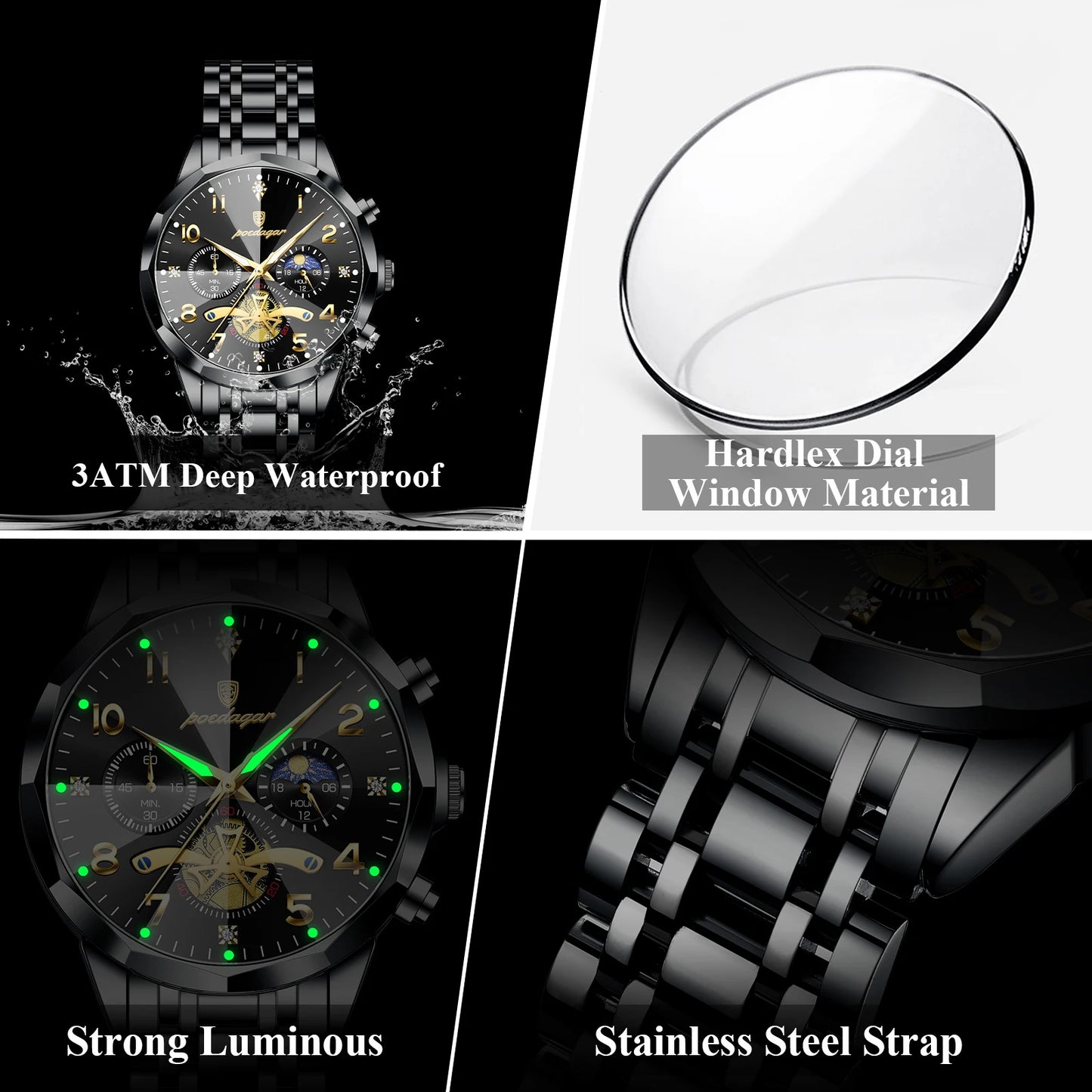 POEDAGAR Luxury High Quality Man Wristwatch Chronograph Stainless Steel Quartz Men's Watches Waterproof Luminous Men Clock Reloj