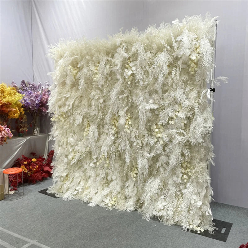 Luxur white Rose Roll Up Cloth 5D Flower Wall Arrangement Wedding Backdrop Decor Hanging Curtain Green Plants Wall Party Props