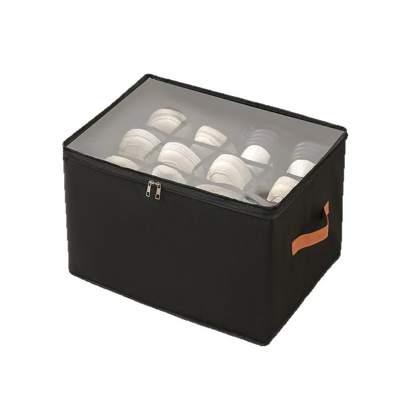 Shoe Storage Box Foldable Fabric Shoe Organizer Large Capacity with Clear Cover Dustproof Handles for Closet Entryway Bedroom