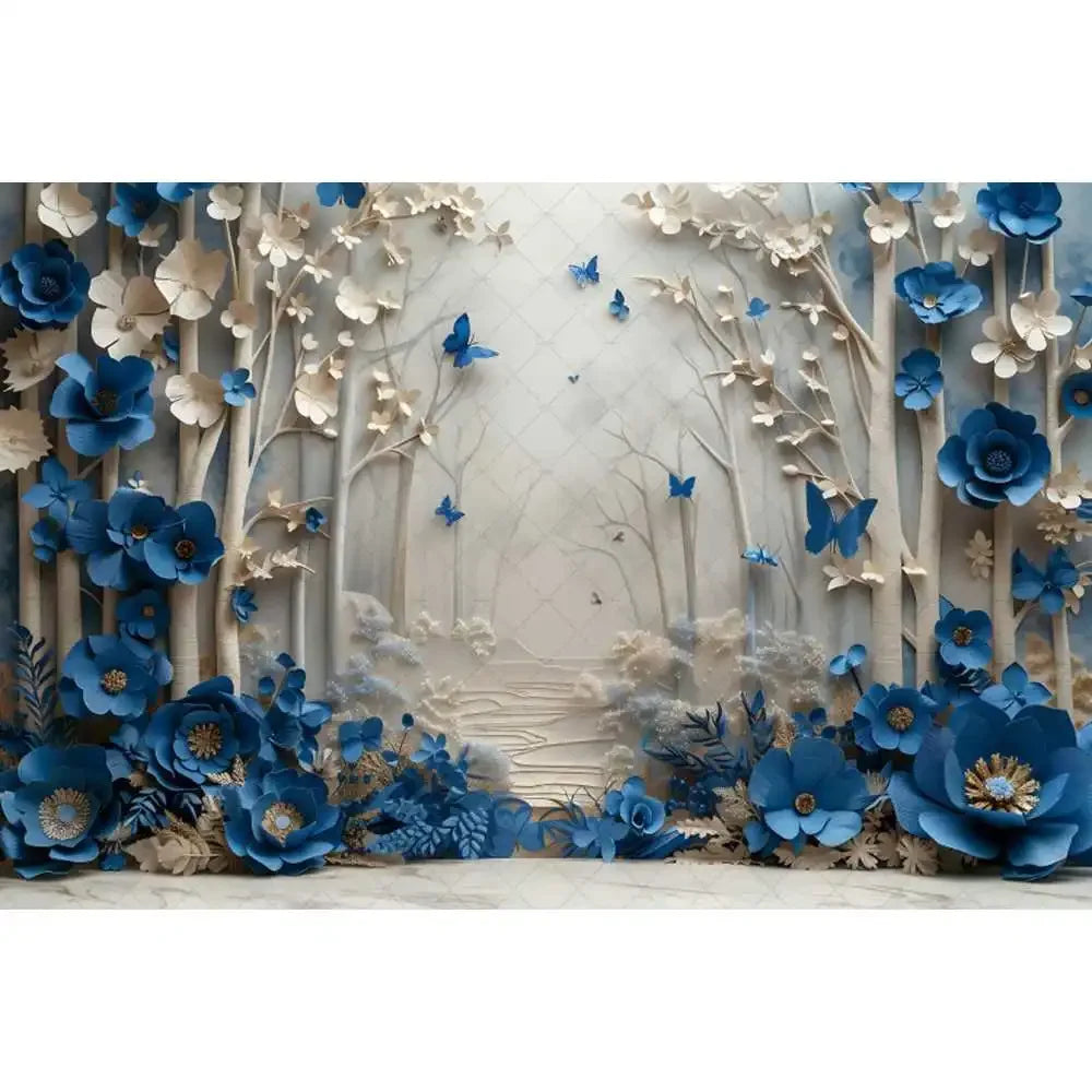 Blue gradual change butterfly wedding photography background custom dream flower portrait photo decoration banner studio supplie