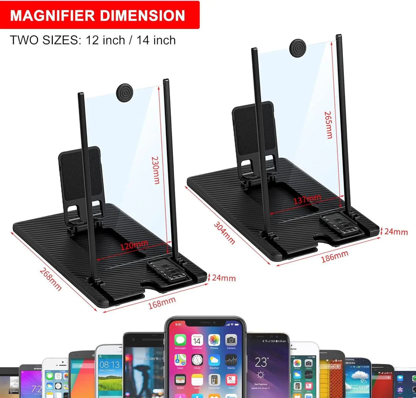 12"/14" 3D HD Screen Magnifier with Bluetooth Remote  Universal Phone Stand for Movies & Gaming  Portable Foldable Design