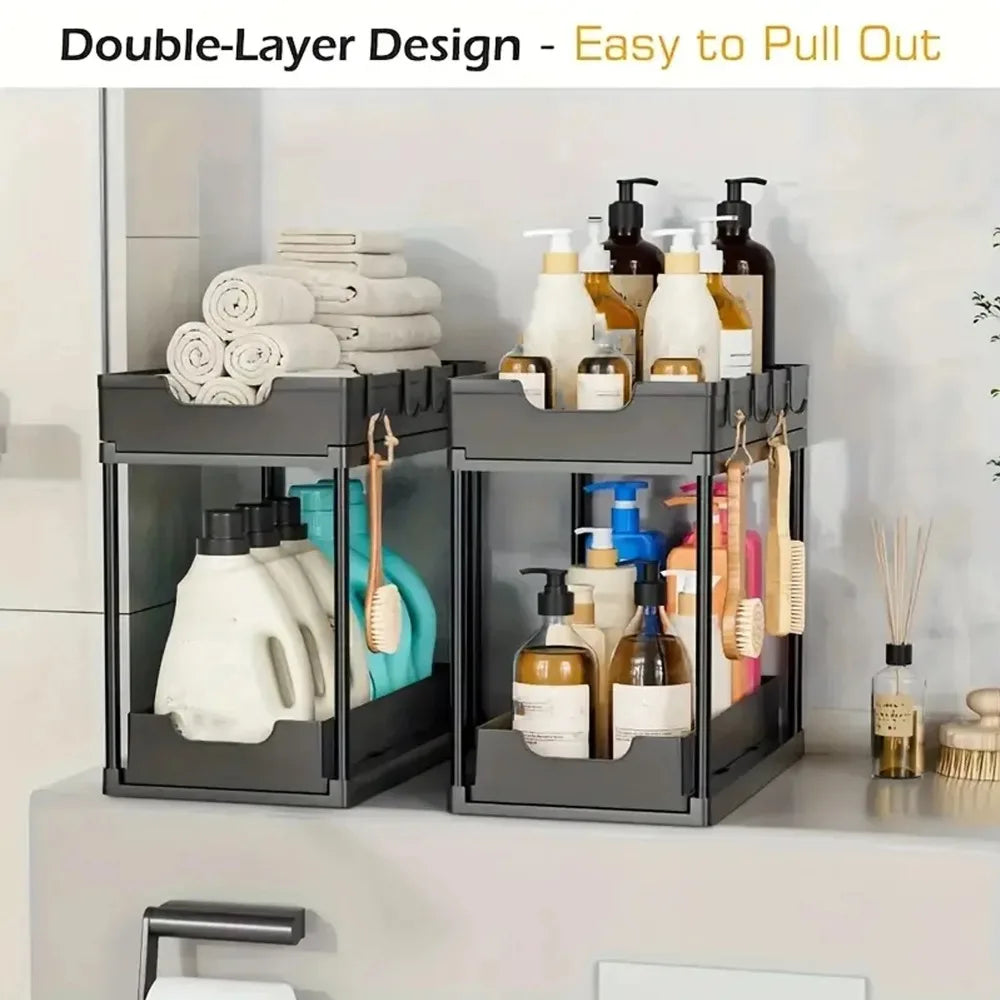 New 2 Tier Under Sink Pull Out Sliding Multi Function Space Saving Organizer Rack for Kitchen Bathroom
