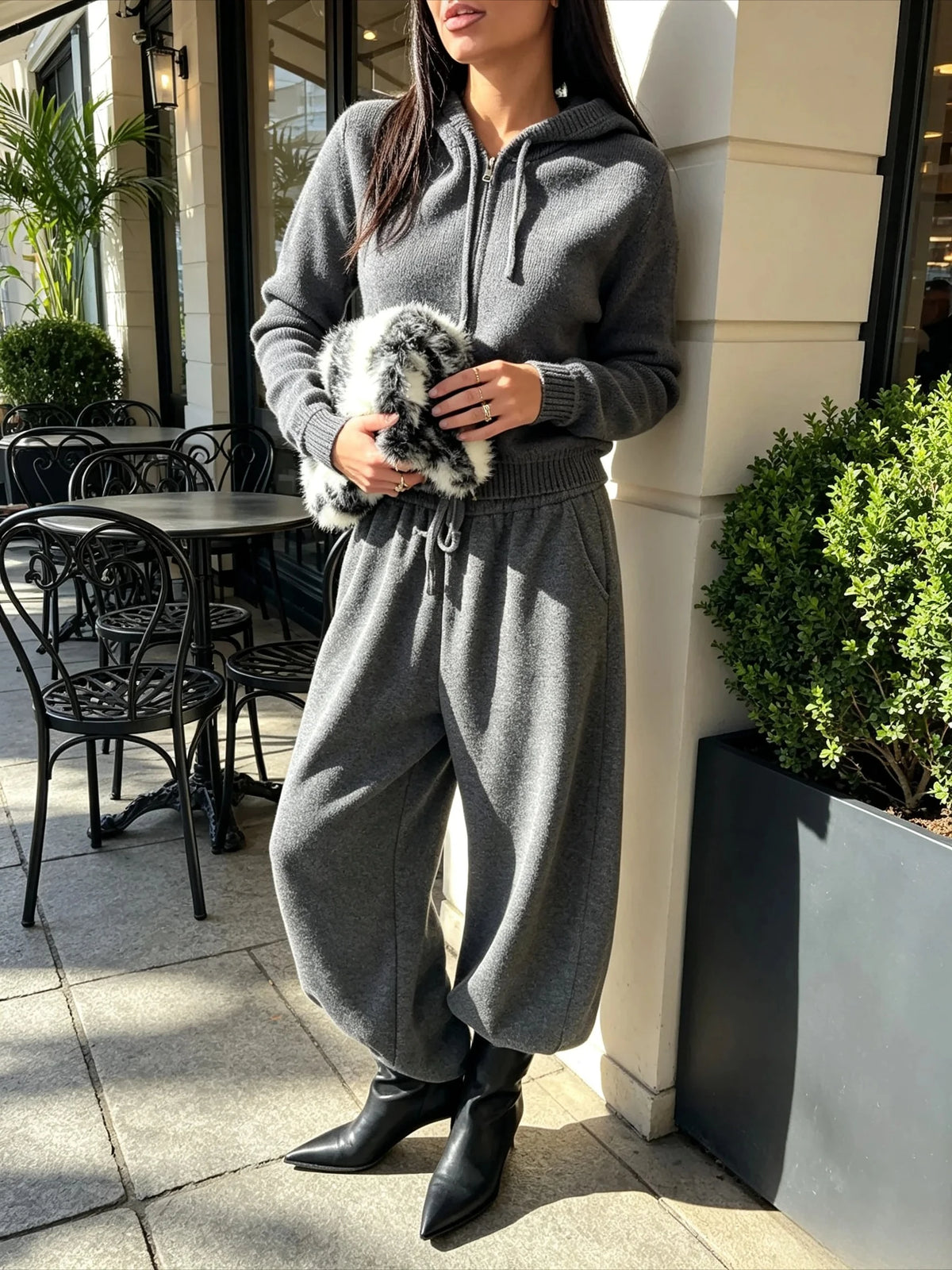 Bornladies Women's Two-piece Knitted Fashionable Zipper Drawstring Cut Hoodie and Pants Set Casual Home Wear Daily Winter Outfit