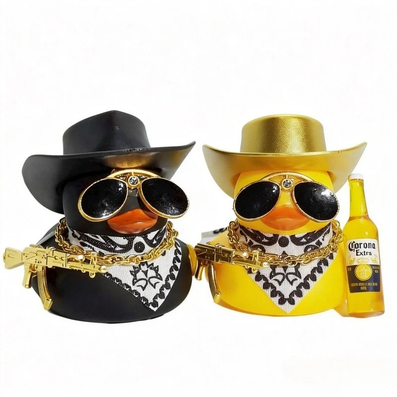 Cute Fortunate Rich Duck Car Dashboard Decoration Yellow Black Duck with Cowboy Hat Scarf Bottle for Women Men Car Ornament