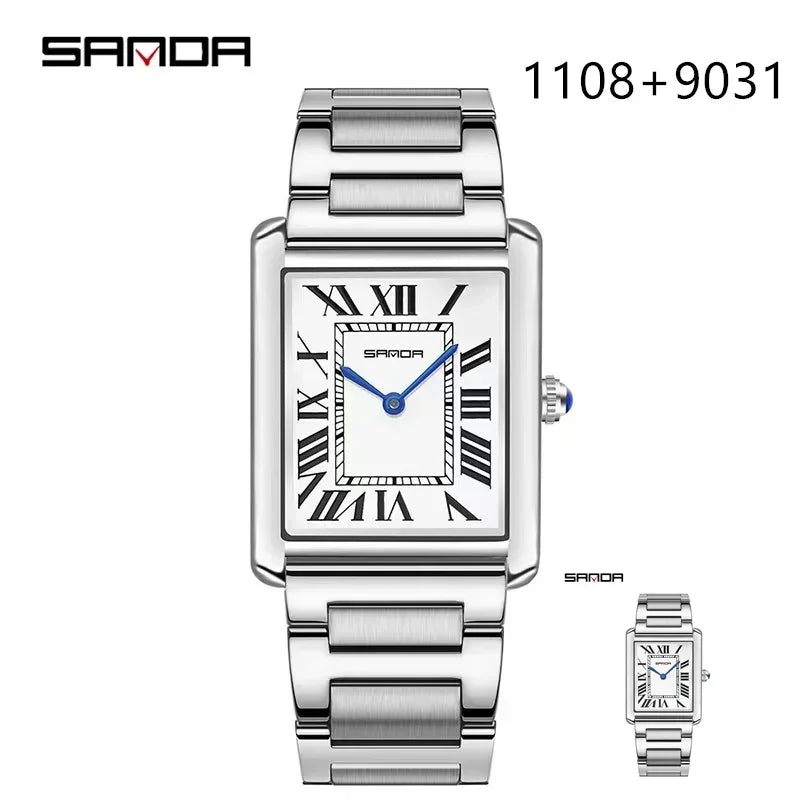 SANDA 9031/1108 Resistant Leather Strap Square Dial Waterproof Sport Casual Women Men Quartz Watches Reloj Luxury Couple Watch