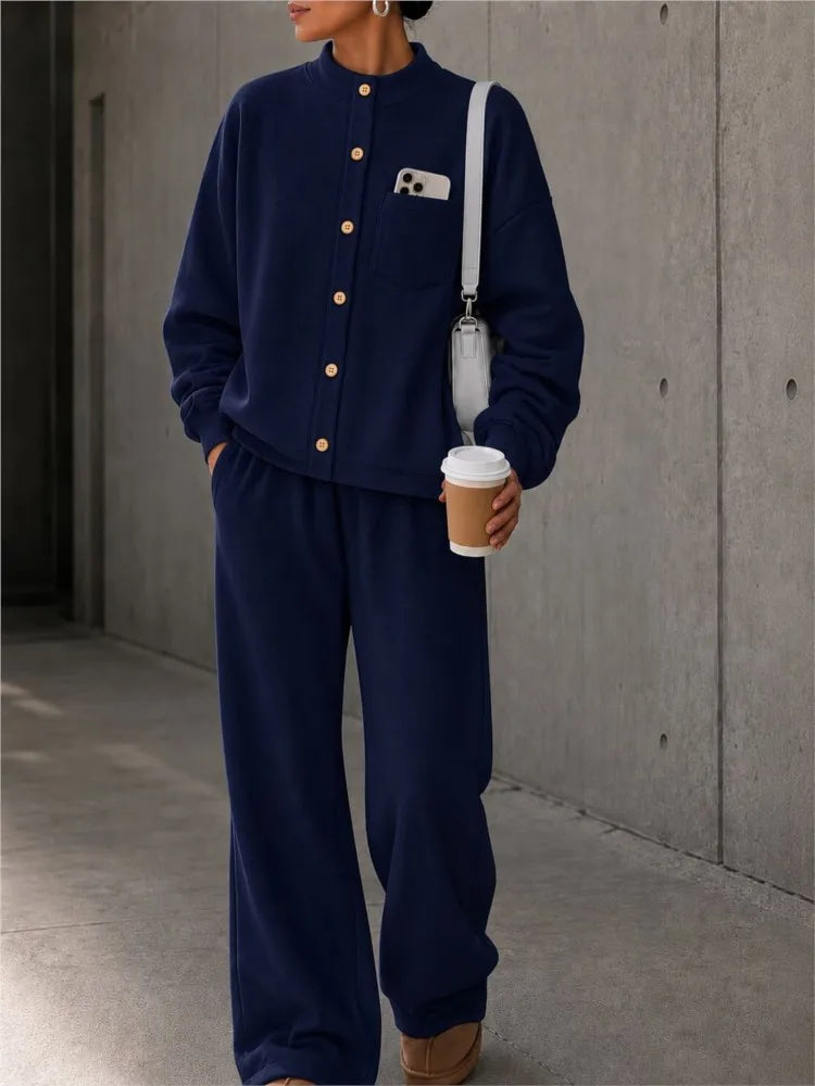 Autumn Women's Single-breasted Button-down Long-sleeved Cardigan Trousers 2-piece Set Casual Retro Wide-leg Trousers Female Suit