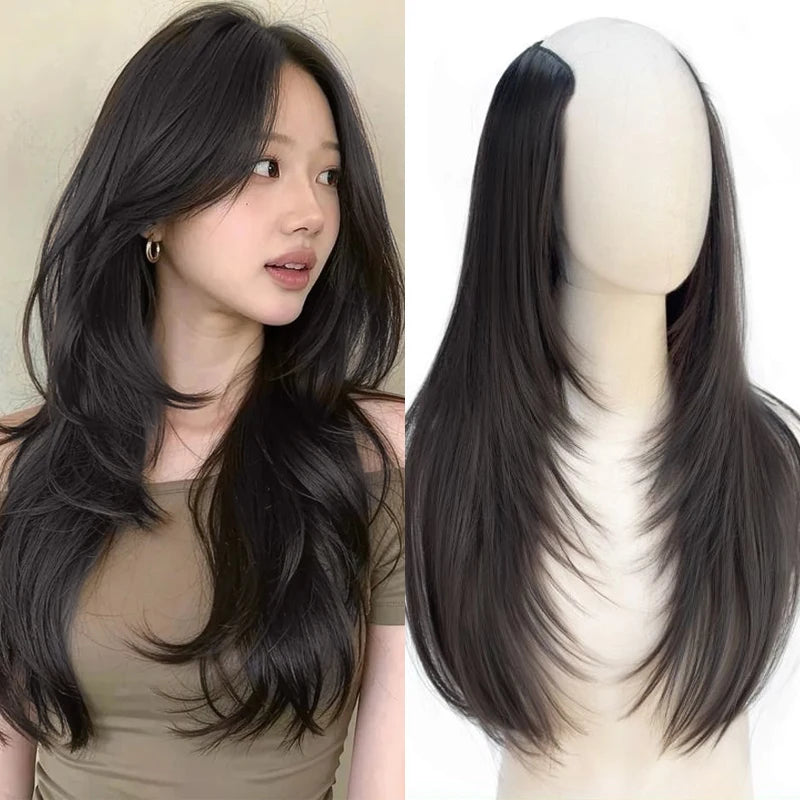Clip in Hair Extensions Wig Synthetic Hairpiece High Layered Inward-Curled Hair Extensions with 5 Clips for Women Daily Use