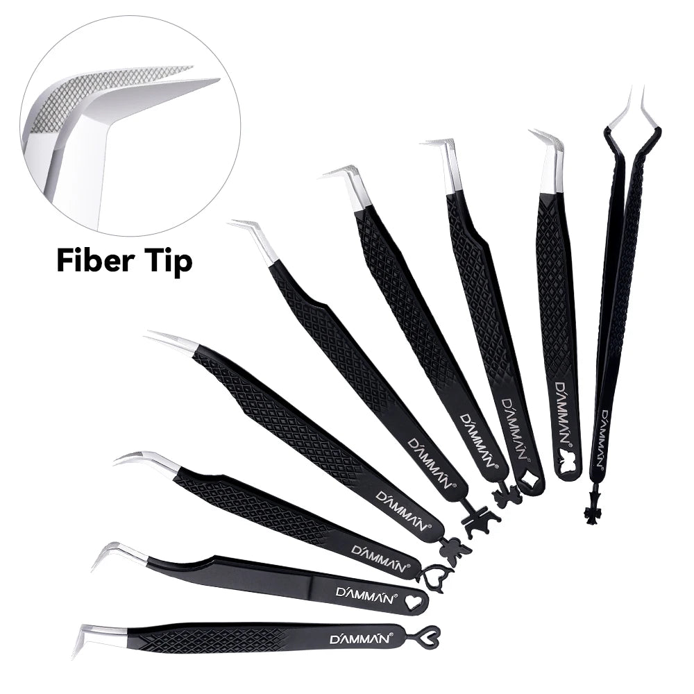 DAMMAN Fiber Tip Lash Extensions Tweezers Professional Anti-slip Eyelash Tweezers Stainless Steel Lash Tweezers Makeup Tools