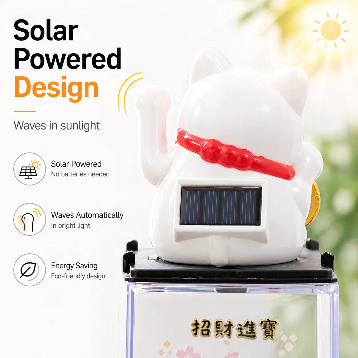 White Solar Maneki Neko | Waving Lucky Cat Figurine | Miniature Home Decor | Solar-Powered, Energy-Saving | Perfect Gift