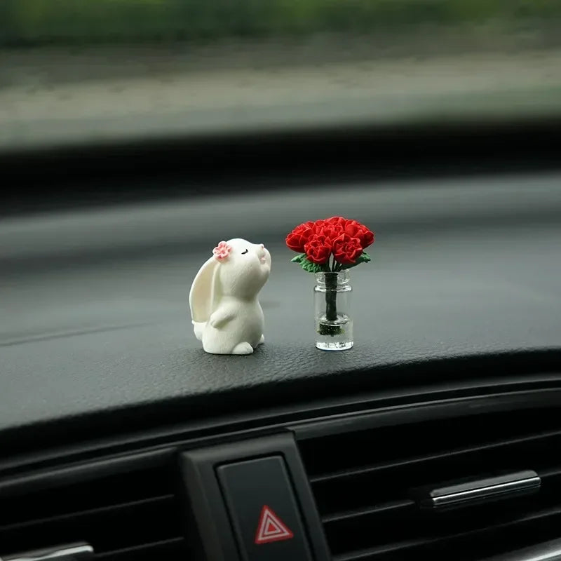 Cute Bunny Car Air Freshener Mini Vase Ornament Auto Center Console Smart Screen Floral Fragrance Pendant Decor