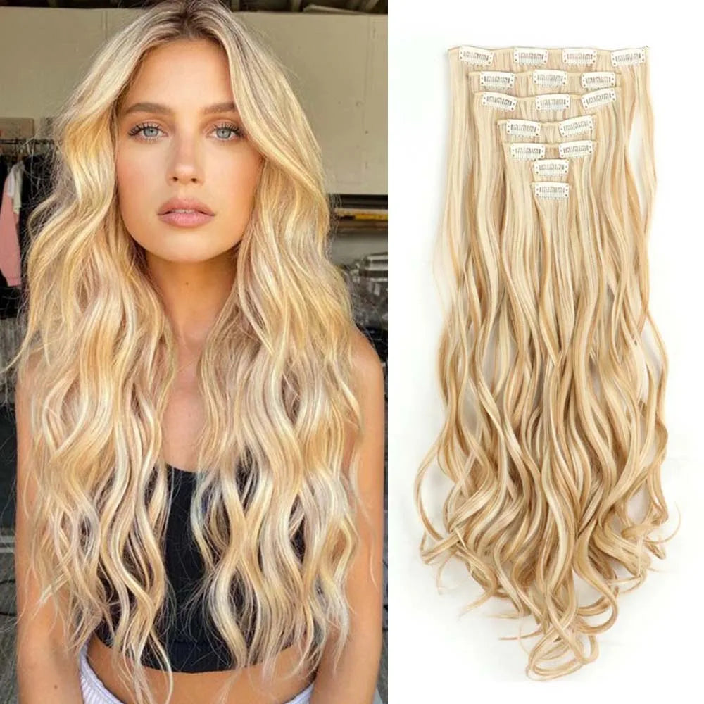 22 Inch Elegant Sexy White Hair 7Pcs/Set 16 Clips Long Curly Wave, Body Wave Synthetic Hair Extensions Clip-in Hair Extensions