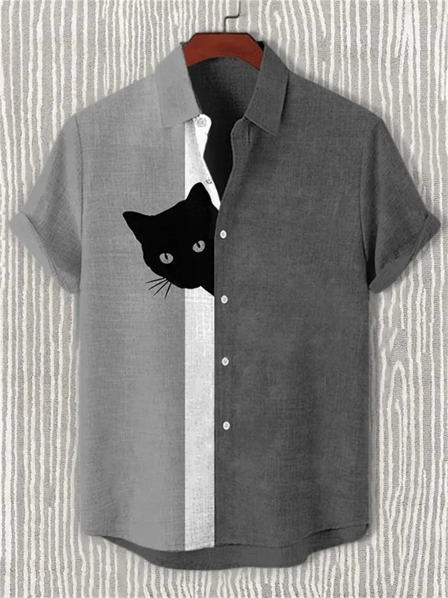 Men's blue and white color-blocked short-sleeved shirt with black cat print, collared casual outdoor vacation Hawaiian shirt.