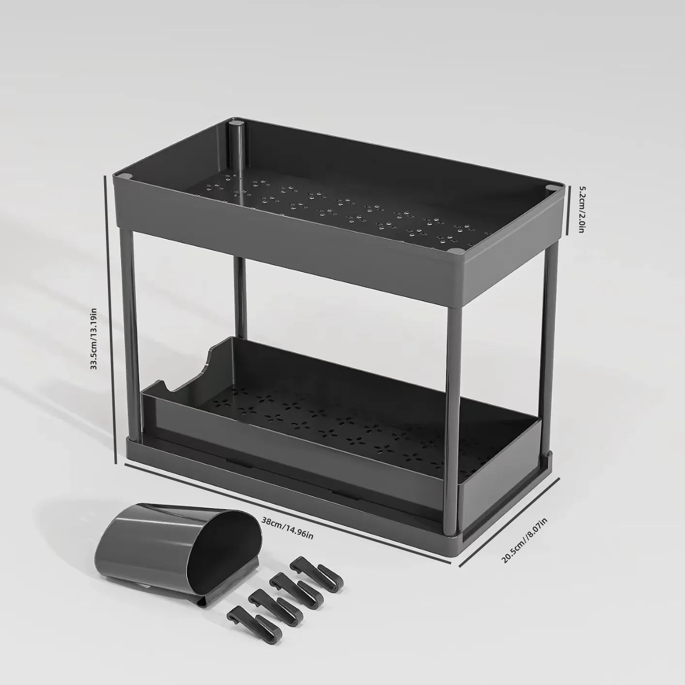 2 Tier Under Sink Organizer Sliding Cabinet Basket Organizer Storage Rack with Hooks Hanging Cup Bathroom Kitchen Organizer