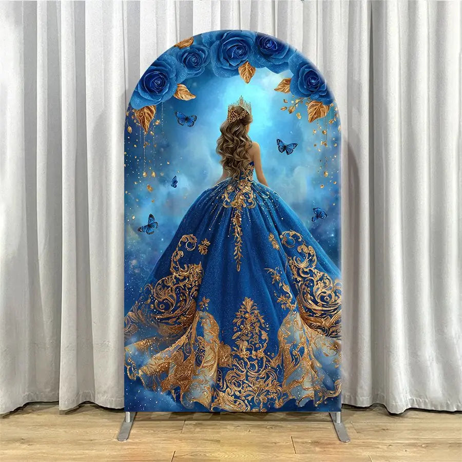 Blue Rose Princess Arch Backdrop Cover Party Backdrop Fabric Cover Birthday Party Baby Shower  Photo Wall Background Decoration