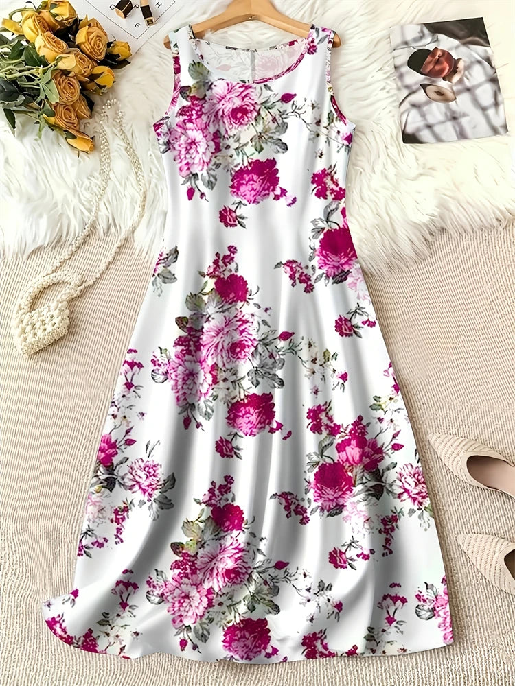 Summer Fashion Round-Neck Women's Dresses Botanical Floral Color-Blocked Patchwork Dresses Travel Party and Beach Dresses