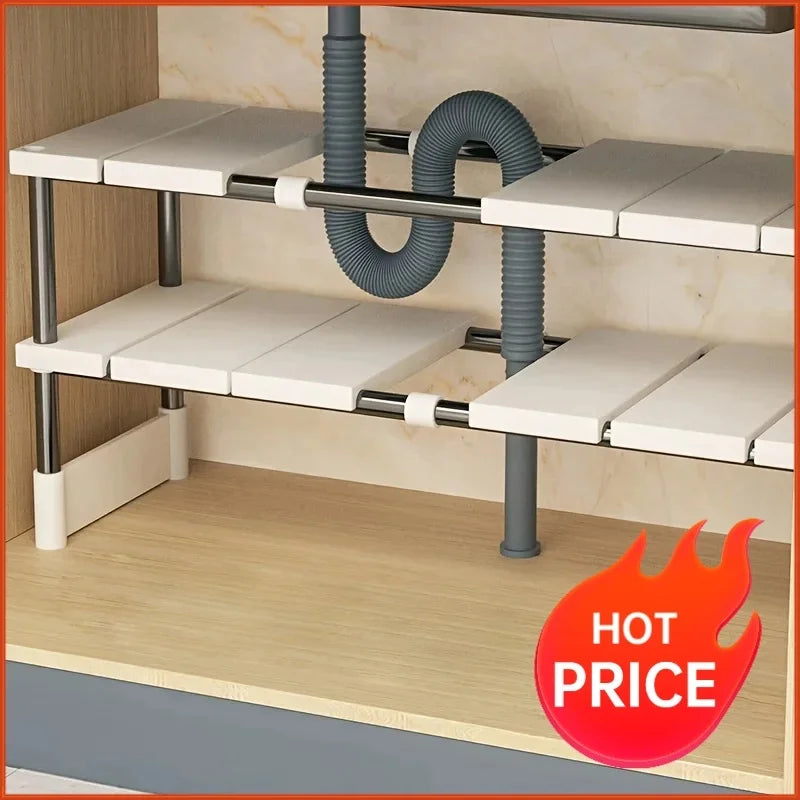 Adjustable Under Sink Storage Rack,Expandable Kitchen & Bathroom Cabinet Organizer, Durable Space-Saving Multi-Layer Pot Holder