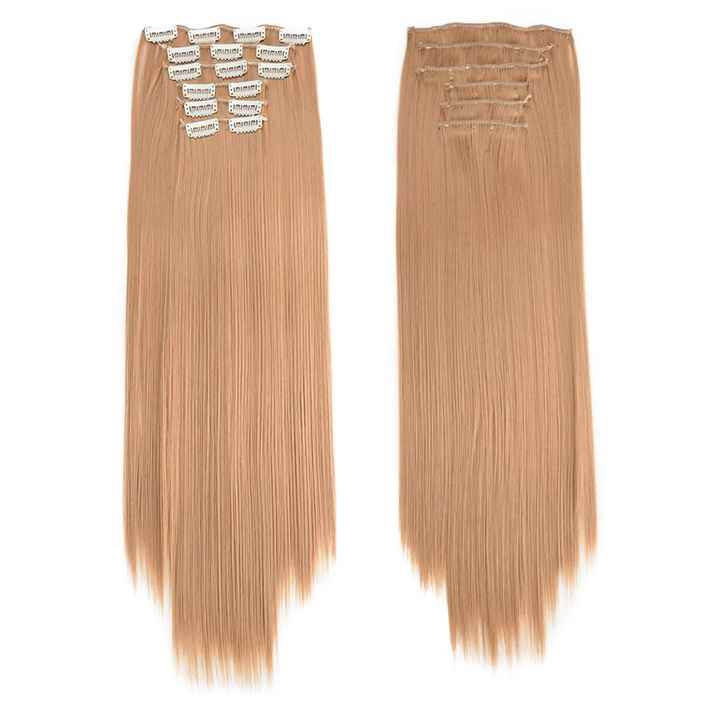 16 Clips in Hair Extensions 24Inchs Long Straight Hairstyle Synthetic Blonde Black Hairpieces Heat Resistant Fake Hair 6Pcs/Set