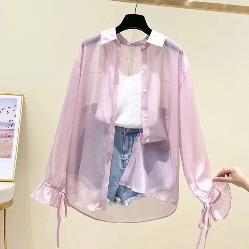 Smvp Chiffon Blouses for Women Summer Thin Loose Button-Up Sunscreen Shirt Woman Korean Fashion Bow Lace-up Long Sleeve Shirts