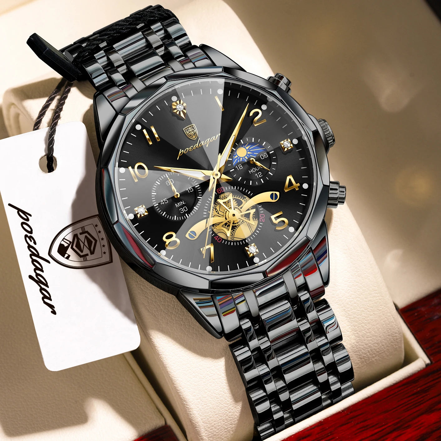 POEDAGAR Luxury High Quality Man Wristwatch Chronograph Stainless Steel Quartz Men's Watches Waterproof Luminous Men Clock Reloj