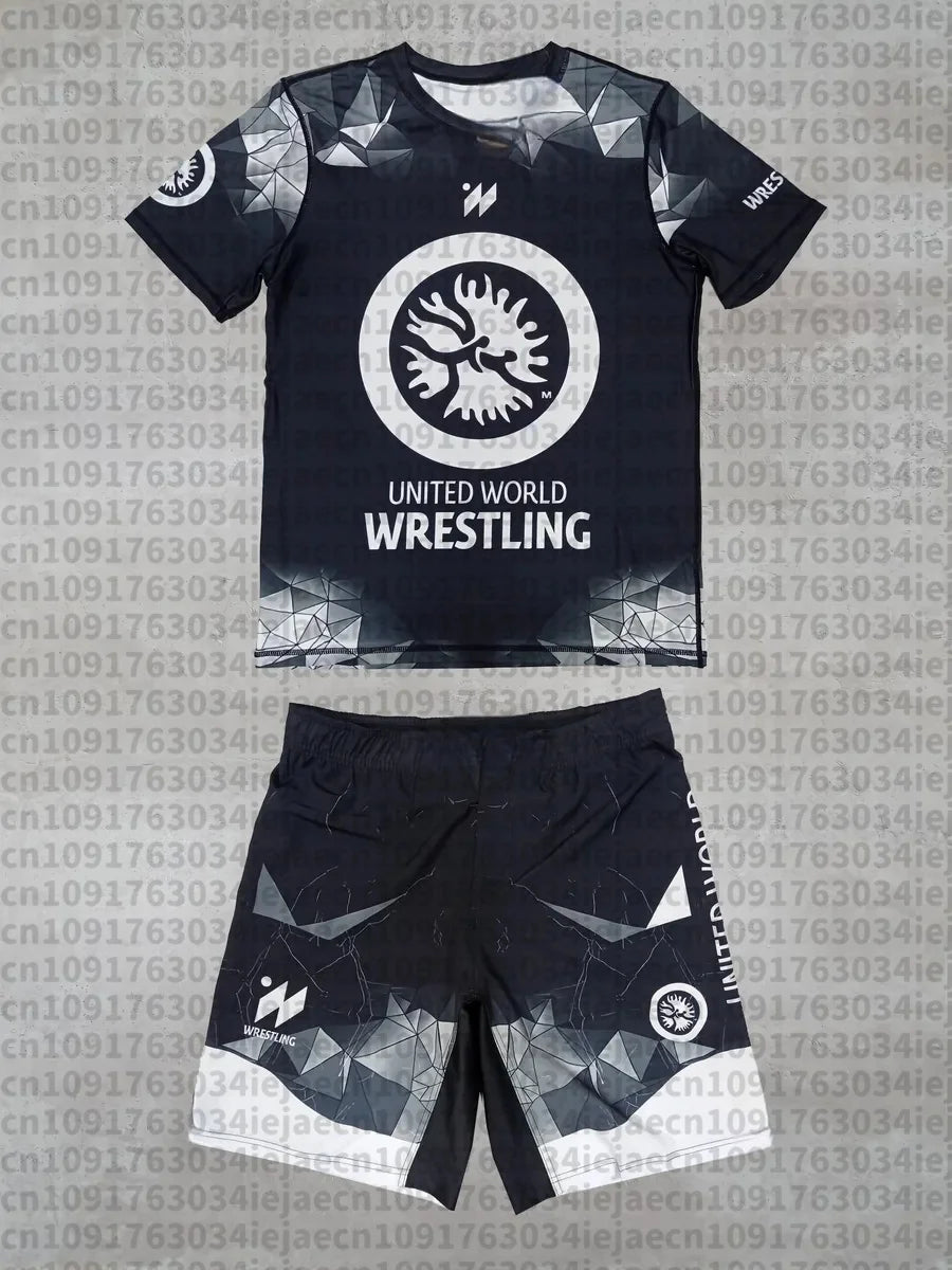 2026 New Summer Men United World Wrestling Sportswear Set Short Sleeve T Shirt and Shorts for MMA Training Lightweight