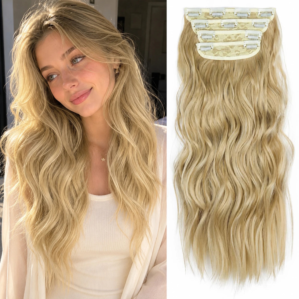 4Pcs/Set 20Inch Synthetic Hair Clip In Long Wavy Thick Hairpieces For Women Full Head Synthetic Hair Extensions Ombre Hairpieces