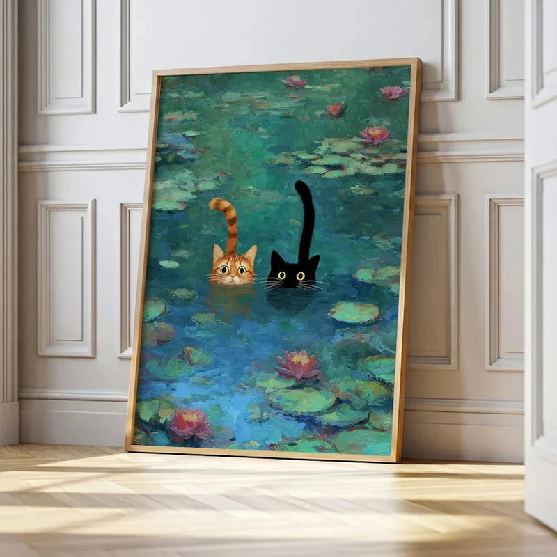 Monet Inspired Art Print, Whimsical Cat Poster Funny Cat Wall Art for Living Room Home Decoration