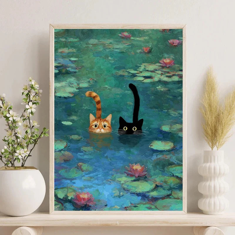 Monet Inspired Art Print, Whimsical Cat Poster Funny Cat Wall Art for Living Room Home Decoration