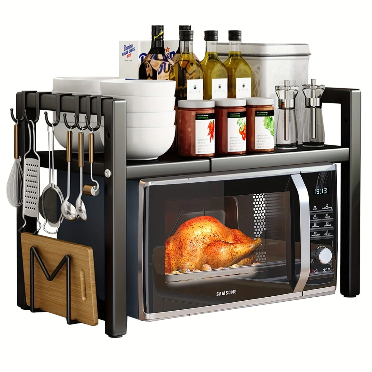 Expandable Microwave Shelf, Microwave Holder with 6 Hooks, Kitchen Storage Rack, Microwave Baking Rack, Extendable 40-64cm