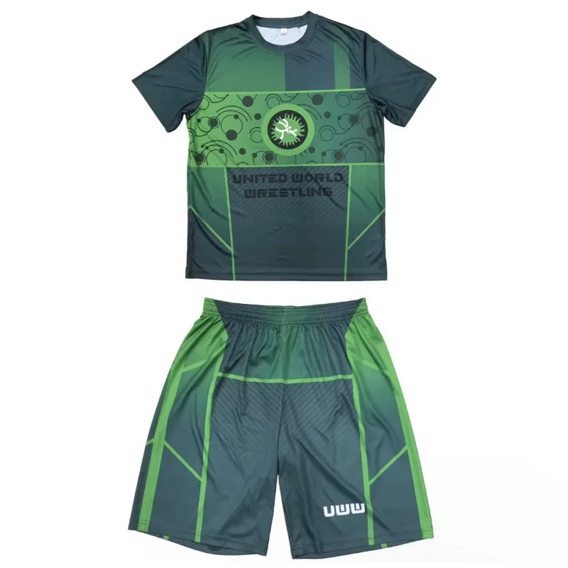 2026 New Men World Wrestling Team Sportswear Set Short Sleeve T Shirt and Shorts for Workout Lightweight Moisture Wicking