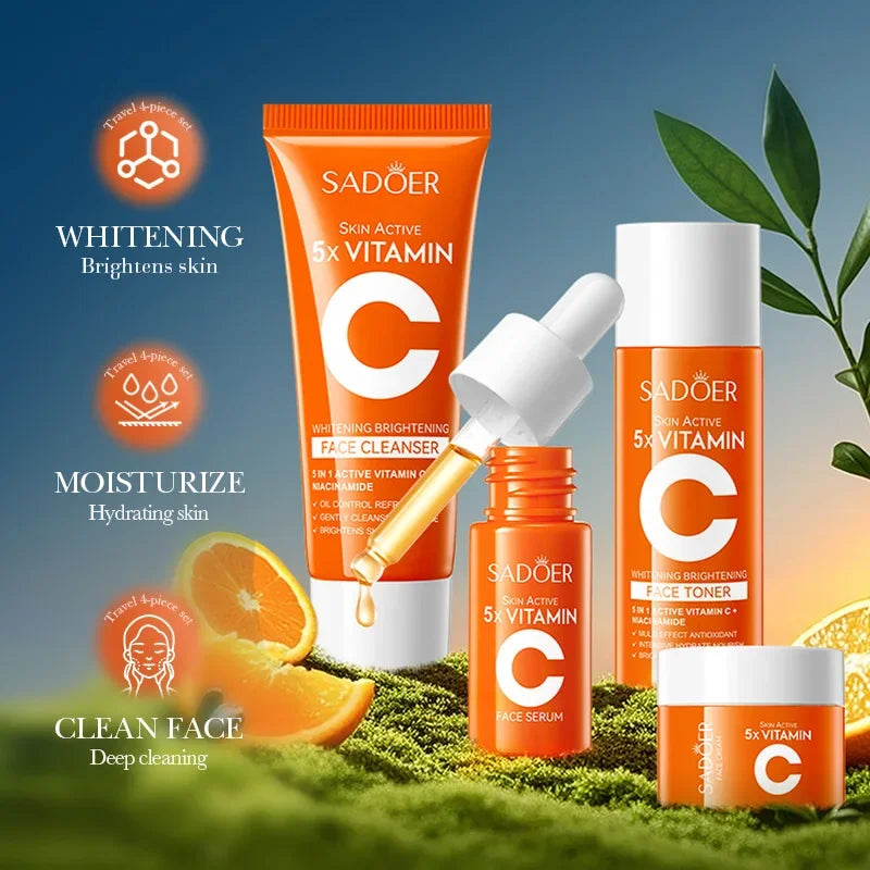 Vitamin C 5Pcs Skincare Set Cleanser Toner Serum Cream Brightening Moisturizing Glow Smooth Pore Care Korean Skincare