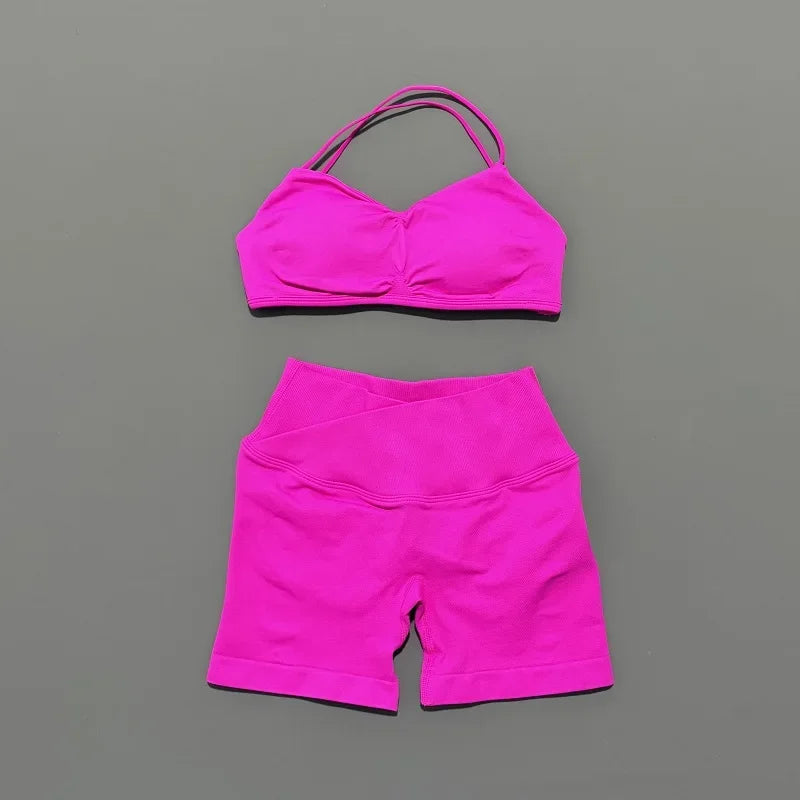 2 Piece Yoga Set Women Criss‑Cross Back Straps Bralette Crossover Waist Yoga Shorts Buttery-Soft Gym Training Workout Activewear