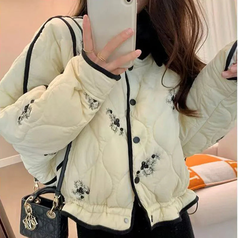French Floral Printed Thick Short Padded Coat for Women Loose Fit All Match Winter Jackets Ladies Elegant Beige Warm Outerwear
