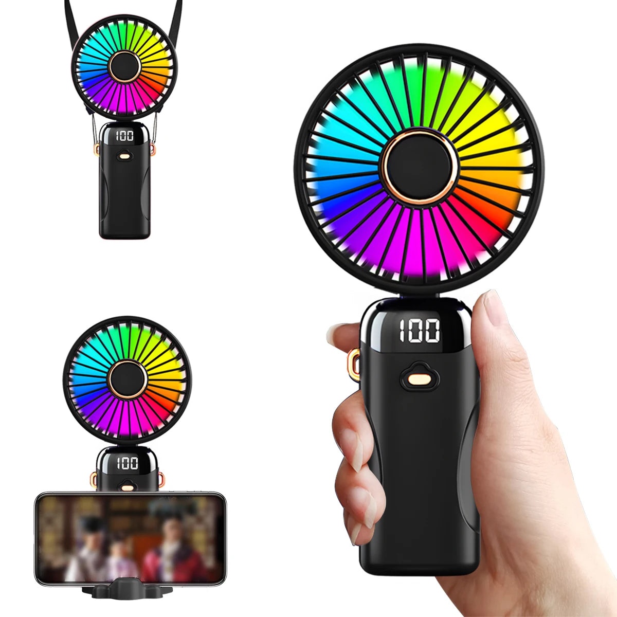 USB Rechargeable Handheld Fan 1200mAh 6 Speeds Foldable LED Light Blade Portable Mini Fan Personal Cooler for Home Gift