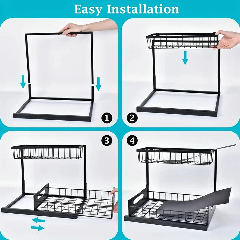 Expandable Double Layer Pull Out Under Sink Organizer Basket Kitchen Cabinet Storage Space Organization Tool