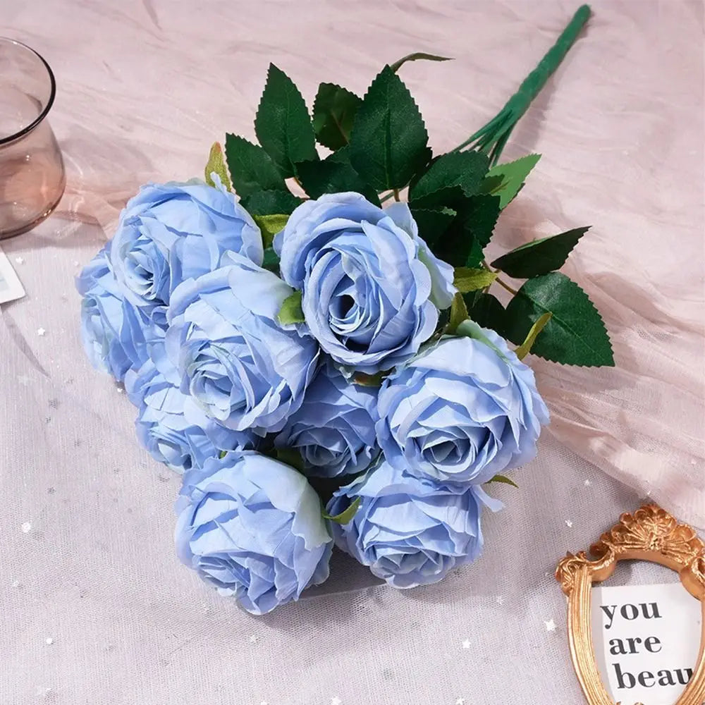 Multicolor Rose Artificial Flower 9 Heads Green Leaves Lifelike Flowers Desktop Ornament Photo Props Flower Bouquet Gift