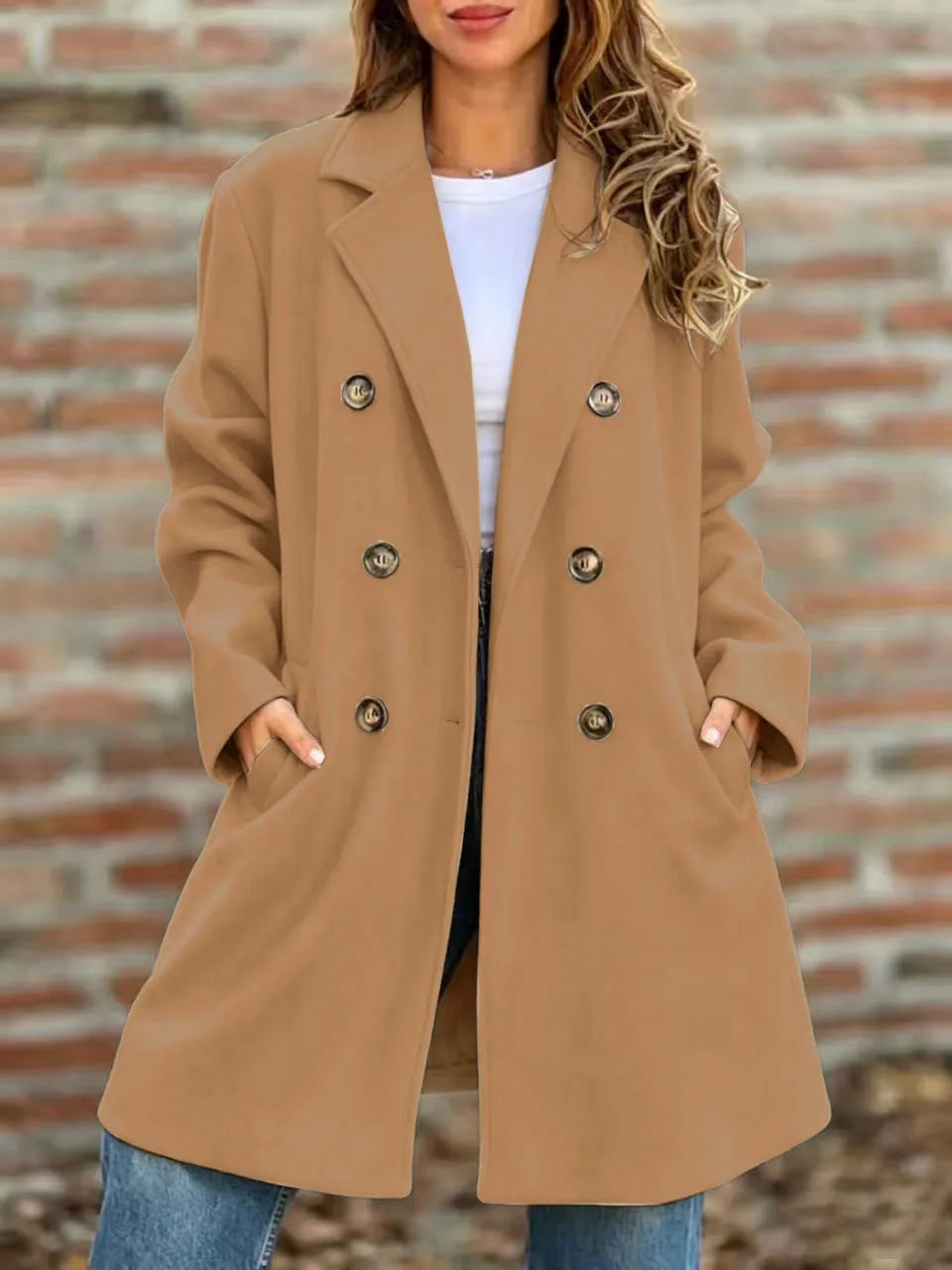 Autumn Winter Coats Casual Retro Simple Solid Color Street Style Long Sleeved Pockets Lapel Open Collar Double Breasted Coats