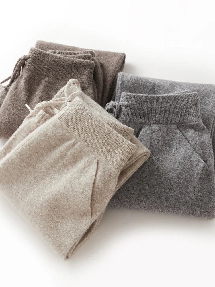 Women's Wool Pencil Pants Drawstring Elastic Waist Trousers Autumn Winter Solid 100% Merino Wool Knitted Cashmere Pockets Pants