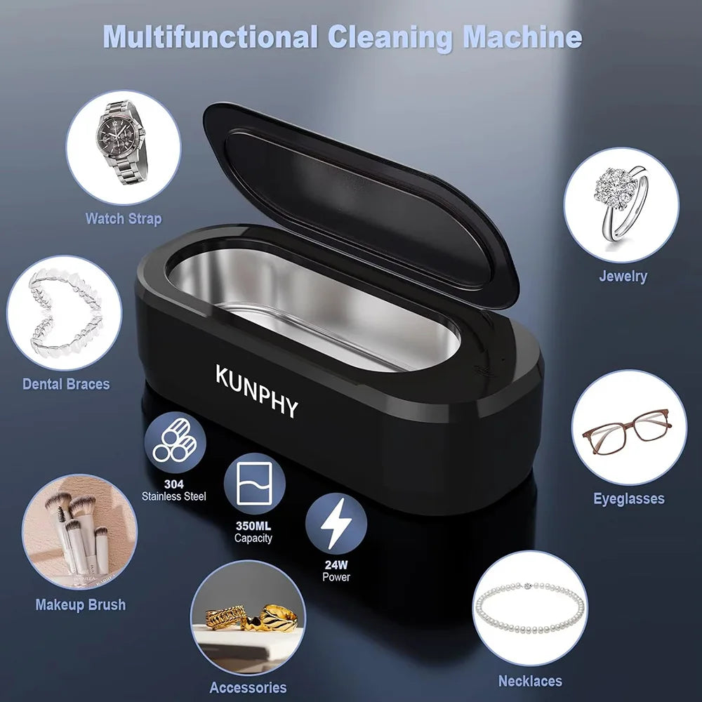 KUNPHY 360° Deep Ultrasonic Cleaning Machine 12oz Ultrasonic Cleaning Device For Glasses Watches Jewelry Denture Dental Pod