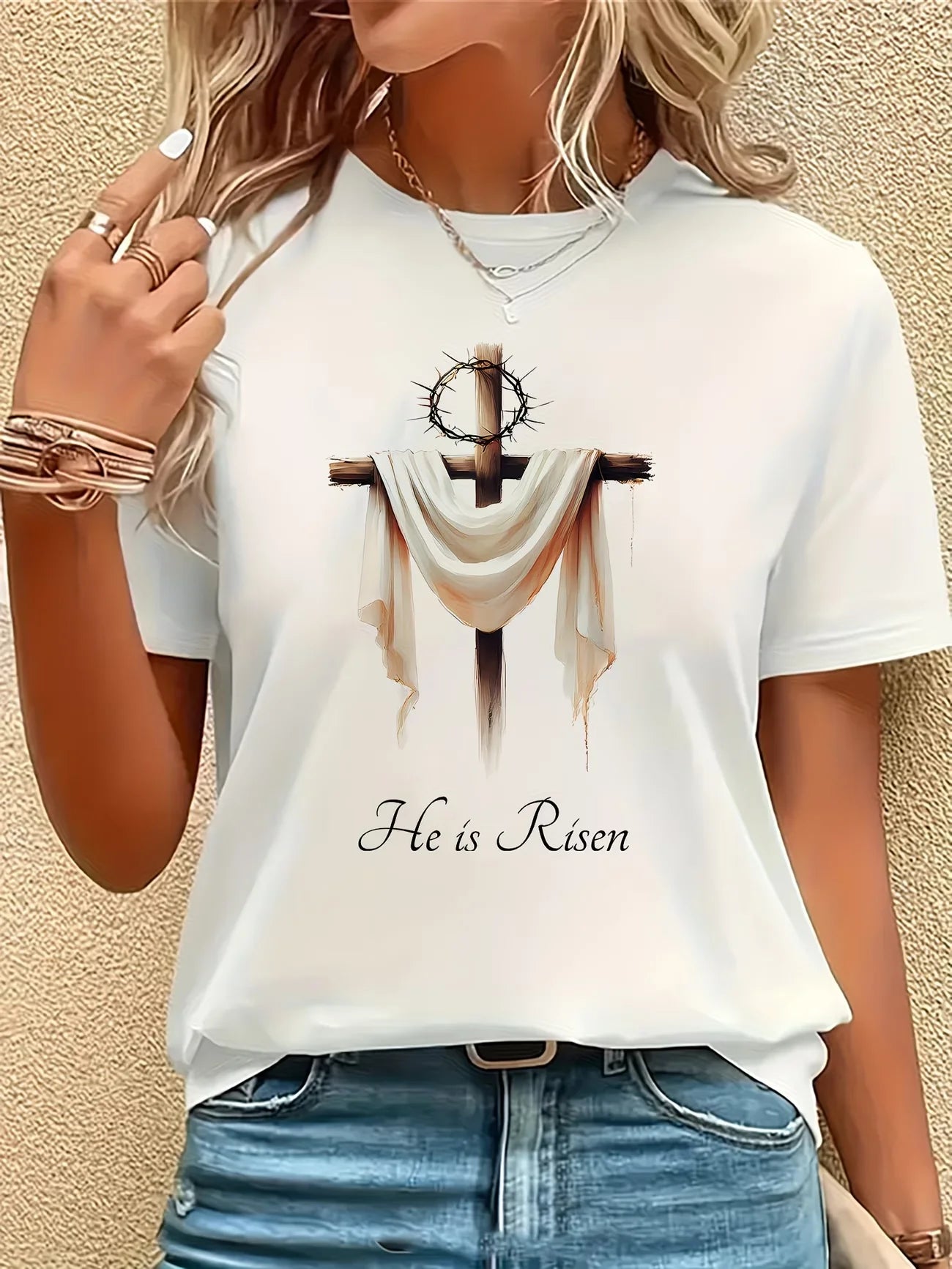 Crew Neck Short Sleeve Jesus Cross Print T Shirt Women's Outfits Casual Streetwear Retro T shirts For Lady