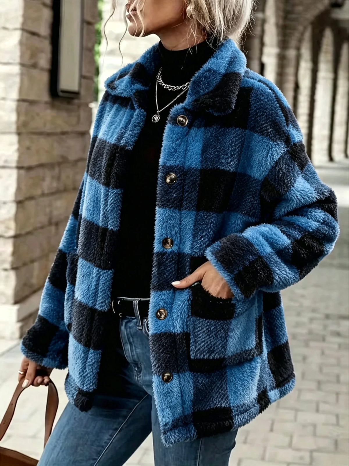 Women's Plaid Fluffy Fleece Lapel Shacket Jacket Fall Clothes 2026 for Women