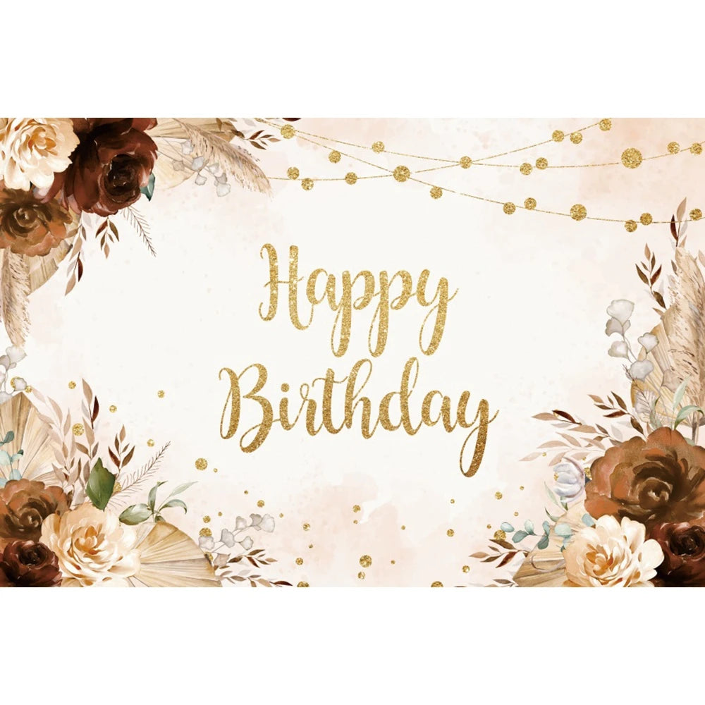 Happy Birthday Backdrop Gold Frame Frame Flower Butterfly Baby Shower Adult Anniversary Birthday Party Photography Background