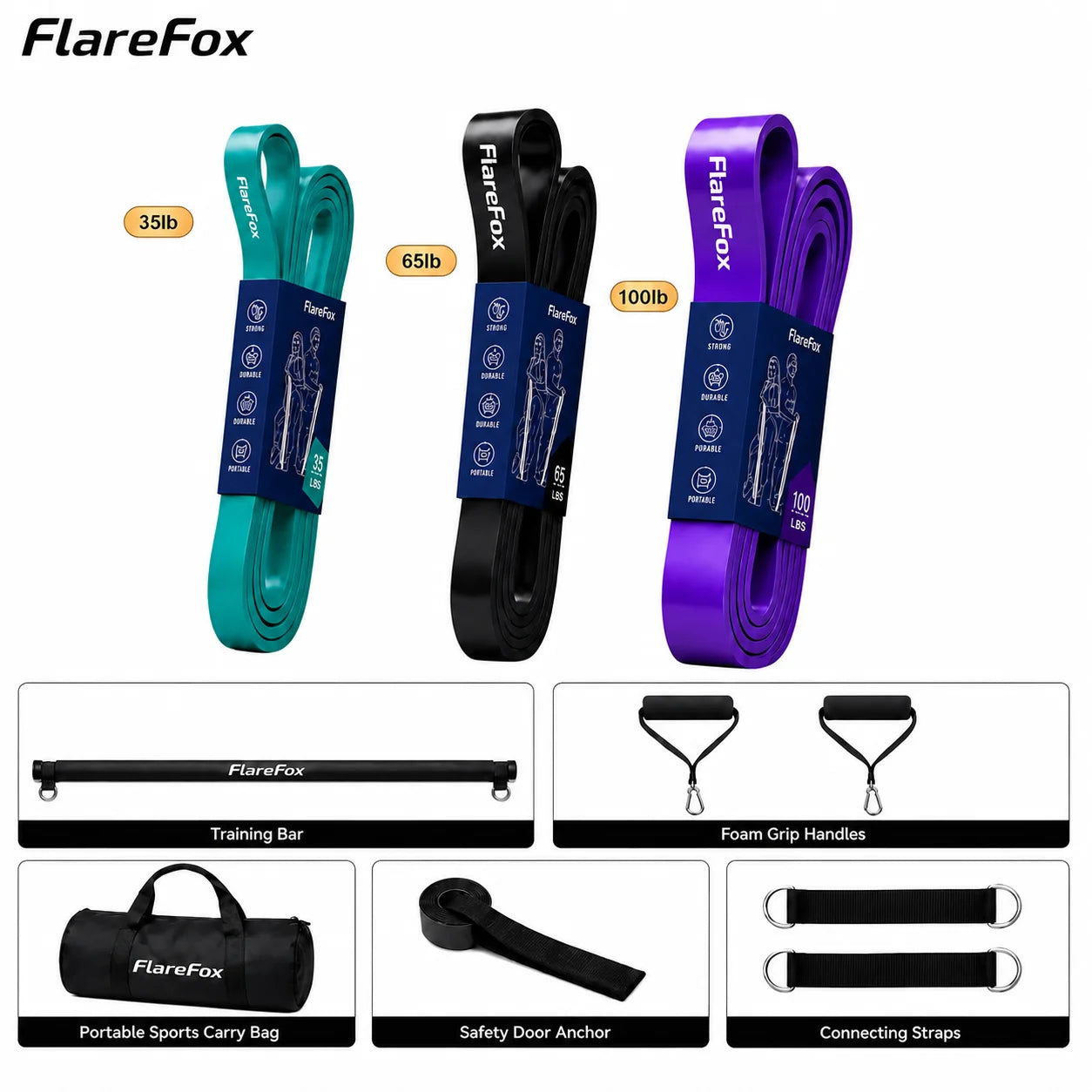 FlareFox Adjustable Multi Resistance Bands Push-pull Rod Pull-Up Assist Strap Strength Training Home Gym Equipment Workout Kit