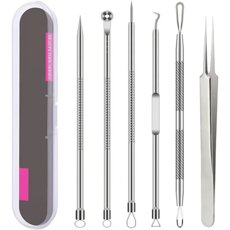 6Pcs Stainless Steel Blackhead Remover Kit Comedone Extractor Tweezers Precision Tools for Acne Blemish Removal Facial Skin Care