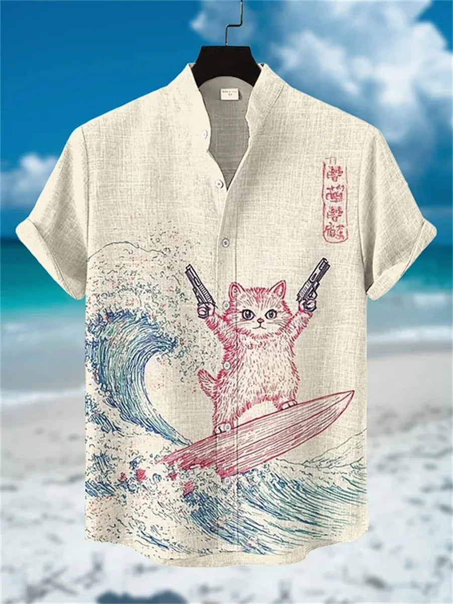 Men's short-sleeved shirt with a fun cat print, stand-up collar, single-breasted casual style. Hawaiian shirt, men's unique top.
